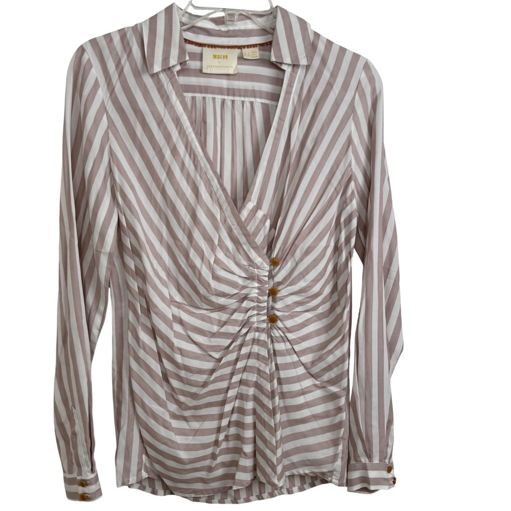 Maeve Anthropologie Striped Blouse Small Ruched Button Boho Office Chic